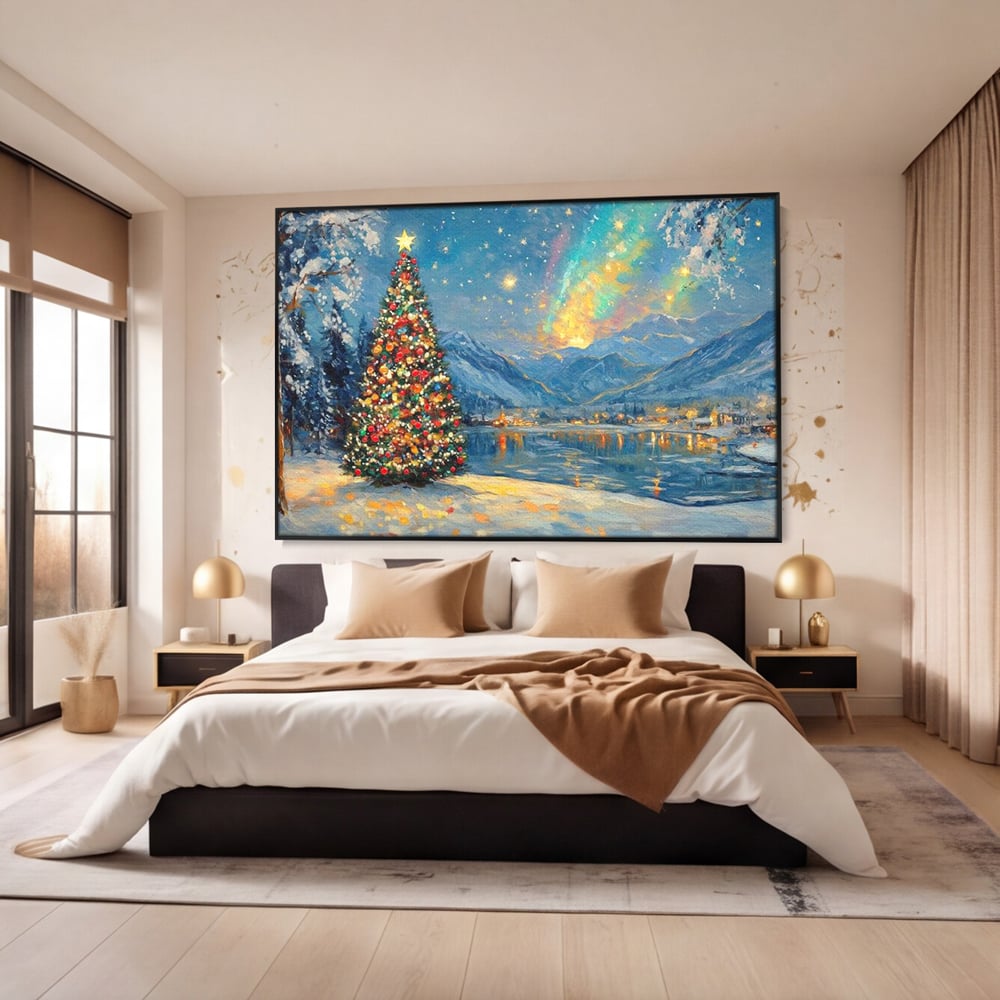 Tablou canvas cu pictura cu brad de craciun pe malul lacului, in rama de aluminiu negru, pe perete intr-un dormitor